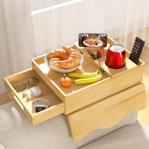 Couch Cup Holder Tray, 7-in-1 Couch Arm Tray, Sofa Clip-On Side Table with Push-Pull Drawer to Organize and Store Small Objects, 360°Swivel Phone Holder, for Drinks, Cups, Snacks, Remote