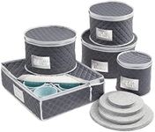 mDesign Quilted Dinnerware Storage 5 Piece Set for Protecting and Transporting Fine China, Dishes, Plates, Cups - Holds Service for 12 - Felt Protectors Included with Each Round Bin - Navy Blue/Gray