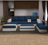 WOODREAM Left Facing Upholstered L Shape 8 Seater Sofa Set | Sectional Swed Fabric Sofa Set with Centre Table, 2 Puffy Ottomans and 4 Small Pillow for Living Room & Drawing Room | Blue & White