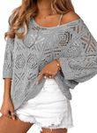 Dokotoo Women's Spring Crochet Hollow Out 3/4 Sleeve Pullover Sweater Summer Tops for Women 2025 Off Shoulder T-Shirts Country Concert Outfits for Women Gray Small