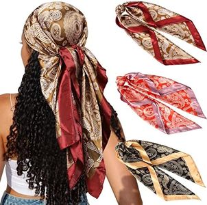 CHLINS 35" Satin Square Hair Scarf Bandanas 3Pcs Large Silk Head Scarves Lightweight Satin Hair Kerchief Sleeping Hair Wraps (Brown+Black+Orange)