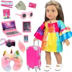 UNICORN ELEMENT 18 Inch Doll Clothes and Accessories Travel Luggage Suitcase Play Set 13 Pcs Including Sunglasses, Laptops, Suitcase, Camera, Phone, Passport, Pillow (No Doll)