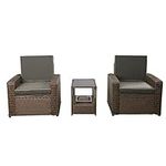 3 Piece Rattan Furniture Set, Patio Rattan Bistro Set with Ice Bucket, Rattan Armchair Sofa Set with Tempered Glass Table with Ice Bucket, 2 Single Armchair with Soft Cushion Outdoor Patio Set-Gray