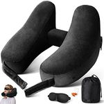 YICOE Travel Pillow Comfort Neck Pillow Well Supported Your Neck Head, Inflatable Ultralight Travel Pillow for Airplane Train Car Travel,with Portable Bag, Eye Cover & Earplugs Included (Black)