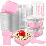 NPLUX 50 Pack Mini Cake Pans with Lids and Spoons Aluminum Foil Pans Square Cupcake Liners Brownie Baking Cups Disposable Ramekins Holders (Pink, 5oz)