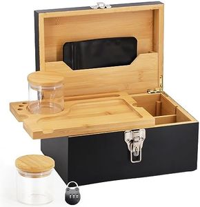 SafeDelux Large Bamboo Box with Combination Lock, Decorative Locking Box with Detachable Compartment Lockable Wooden Box for Home Removable Tray and Jars Great Gifts for Men