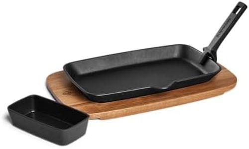 BURNHARD Sartén para Fajitas de Hierro Fundido 28,8 x 17,5 x 3 cm con Tabla de Servir de Madera de Acacia y Bandeja para Salsa, sartén de Parrilla