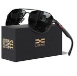 LUENX Aviator Sunglasses for Men Square Polarized Polygon Black Lens Matte Black Frame - UV 400 Protection with Accessories Driving