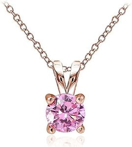 Hoops & Loops 925 Sterling Silver Light Pink Cubic Zirconia Round Solitaire Necklace for Women Teen Girls, Silver, Yellow Gold, Rose Gold, Cubic Zirconia Sterling Silver, Cubic Zirconia