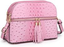 Dasein Women Tassel Zipper Pocket Crossbody Bag Shoulder Purse Fashion Travel Bag with Multi Pockets(Ostrich Pink)