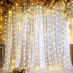 White Sheer Tulle Backdrop Curtains with Lights String for Party Wedding Wrinkle Free Curtain Backdrops Drapes for Baby Shower Birthday Party Photo Back Drop Background Home Decorations 10ft x 8ft