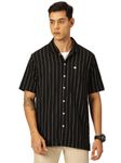 Thomas Scott Men Oversized Fit Half Sleeve Striped Casual Shirt (TS1588-Black, S)