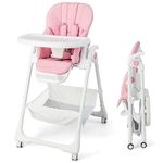 COSTWAY Folding Baby High Chair, Adjustable Toddlers Highchair with Storage Basket, Removable Double Trays, 5 Point Harness, 4 Lockable Wheels, Infant Feeding Chair Suitable from 6-36 Months (Pink)