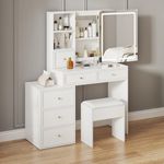 Jooli H Dressing Table with Mirror and Stool, Vanity Table Makeup Desk with Sliding Lights Mirror, 6 Drawers and Open Shelves for Bedroom, White