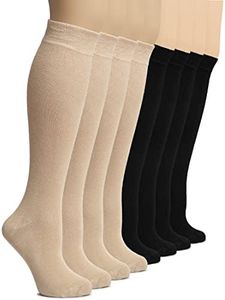 Hugh Ugoli Women's Rayon Knee High Socks | Comfort Seam Long Dress Socks, Soft & Lightweight | 8 Pairs, Light Beige/Black, Shoe Size: 5-8