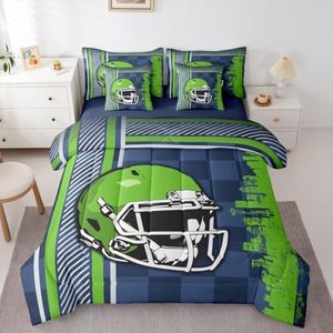 Erosebridal Rugby Football City Bed in a Bag King Size Comforter Set 7 Pieces, Football Sports Ball Game Bedding Set, Teen Rugby Helmet Sheet Set Competitive Games European Sport Bed Set, Blue Green