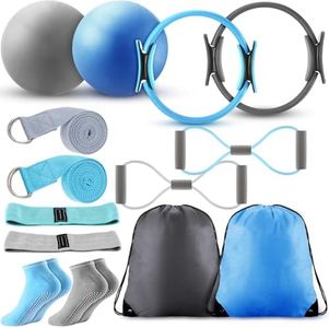 Poen 14 Pcs Pilates Ring and Ball Set for Women Pilates Ring Circle Ball with Stretching Strap 8 Resistance Bands Non Slip Socks Gym Back Bags Exercise Equipment for Workout (Blue, Gray)