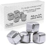 FLOW Barware Stainless Steel Ice Cubes | 10x Stainless Steel Whisky Stones | Ice Stones for Drinks | Ice Cubes for Whiskey, Wine & Gin & Tonic | Metal Ice Cubes with Quick Freeze Gel | Silver