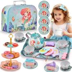 MINNOT Mermaid Tea Party Set for Little Girls,Birthday Gifts for Age 3 4 5 6 Year Old Girls,Pretend Tin Teapot, Cups, Plates,and Food Sweet Treats Playset for Princess Tea Time Play Kitchen Toys