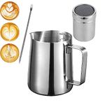 Milk Frothing Pitcher 20oz/600ml, Stainless Steel Creamer Cup, [ 16 Coffee Stencils + Latte Art Pen ], Powder Shaker for Making Coffee Cappuccino Hot Chocolate Machine