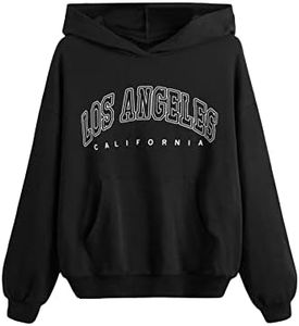 SHENHE Girl's Casual Fashion Los Angeles Hoodie Graphic Long Sleeve Hooded Sweatshirt Black 8-9Y
