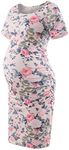 Women's Floral Printed Bodycon Maternity Dress Nursing Short Sleeve Ruched Sides Knee Length Beige Flower S