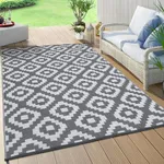 COZYLOOM Outdoor Rug 5x8 Waterproof Reversible Patio Rugs Outdoor Plastic Straw Rug Washable Rug Modern Area Rug for Outdoors Backyard RV Patio Deck Picnic Camping Beach Trailer Diamond Grey&White