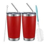 COMOOO 20oz Double Wall Vacuum Insulated Travel Mug, Stainless Steel Tumbler with Lid and Straw Durable Powder Coated Insulated Coffee Cup for Cold & Hot Drinks (Red. 2 Pack）