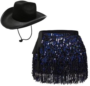 Sequin Skirt with Cowgirl Hat for Women - Sparkly Glitter Belly Dancing Skirt, Tassel Skirt with Sunglasses, Rave Party Costume, Space Cowgirl Outfit, Festival Dancewear (Black)