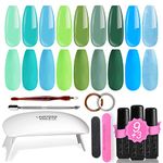 Lavender Violets 19 Pcs Gel Polishes Starter Kit Green & Blue Hawaiian Island,Portable LED Nail Lamp Dryer Soak Off UV Base,Matte n No Wipe Top Coat Nail File Golden Sliver Sticker Manicure Tools 969B