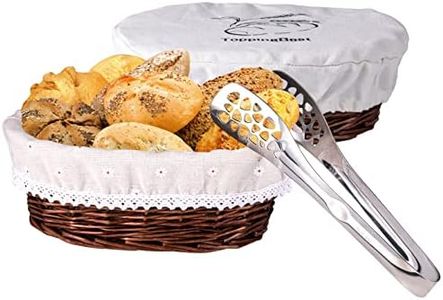 ToppingBest Bread Basket, Bread Baskets for Serving, 100% Natural Wicker Fruit Basket for kitchen- 11.5x8 with Lid Removable Cover, 2 Liner and 304 Bread Clip