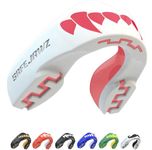 SAFEJAWZ Mouth Guard, Dual Layer Gum Shield for Juniors with Case, Easy Fit Remouldable Kids Gumshield for Rugby, Boxing, MMA, Hockey & All Contact Sports (Child <11 Years, Pink Fangz White)