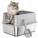 Barhon Stainless Steel Cat Litter Tray Small 43 x 33 x 29 CM, Cat Litter Boxes for Kittens, Metal Kitty Litter Box with High Sides, Easy to Clean, Non Sticky Bottom, Odor-Free, Light Grey