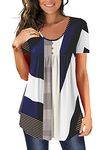 BeadChica Women's Tunic Tops For Leggings Short Sleeve Shirts Botton Up Casual Ruched Blouses Clothes, White Blue, XXL