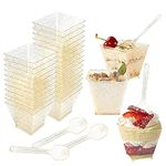 Corsehild Dessert Cups with Spoons, 50 PCS 60ml/2oz Mini Dessert Cups Reusable Square Dessert Cups Small Plastic Dessert Pots Gold Glitter Parfait Appetizer Cup Tiny Serving Bowls for Mousse Party