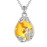 POPLYKE Sterling Silver Amber Filigree Teardrop Pendant Necklace Gemstone Crystal Jewelry for Women