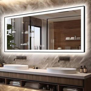 EchosLife Large 88x38 LED Bathroom Mirrors - Black Aluminum Trim (Front and Backlit), Anti-Fog Vanity Mirror with Lights,Stepless Dimmable Lighted, 3 Colors Smart, Memory (Horizontal/Vertical)