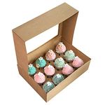 [20-Packs] Brown Cupcake Boxes 12 Holders,ONE MORE Cake Carrier Food Grade Pop-up Bakery Boxes 14 x 10 x 4inch with Inserts and PVC Windows Fits 12 Cavity Cupcake or Muffins,Pack of 20