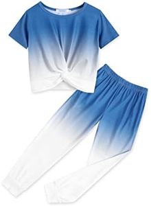 Arshiner Girl's 2 Piece Outfits Clothing Color Gradient Twist Front Crop Top and Pants Set Blue White Size 14