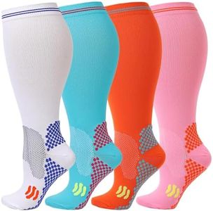 Kickticks Plus Size Compression Socks-Wide Calf Knee High Socks for Men & Women, 20-30mmHg, Available in 2XL to 4XL, 4 Pairs