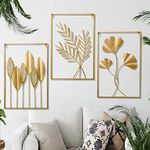YZDTECH 3 PCS Gold Metal Wall Decor, 24" X 16" Golden Leaf Wall Hanging Decor with Frame, Gold Metal Wall Art for Living Room, Office