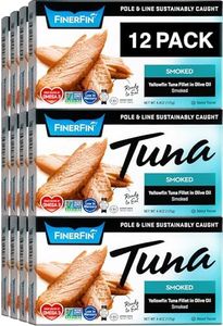 FinerFin Yellowfin Tuna Salad in Organic Olive Oil | Premium Canned Tuna Fish with EVOO | Gourmet Ready-to-Eat Wild-Caught Fillets | 4.4oz cans (Smoked, 12-Pack)