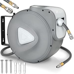 TRESKO® Carrete de Manguera de Aire Comprimido de 20 m | Conector de 1/4" | Enrollador de Manguera Automático | con Soporte para Pared | Rotación de 180° | Tope Final Ajustable (20m)