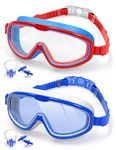 FUSHI&MON Swim Goggles for Kids Age 3-15, 2 Pack Kids Goggles Childrens Swimming No Leaking Anti-fog Full Protection Child Boys Girls Toddlers (Red + Blue)