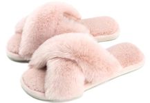 Cozyfurry Womens Cross Band Slippers Cozy Furry Fuzzy House Slippers Open Toe Fluffy Indoor Shoes Outdoor Slip on Warm Breathable Anti-skid Sole, Pink, 7-8