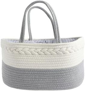 Baby Nappy Caddy Woven Diaper Caddy Basket Cotton Rope Diaper Caddy Organizer Diaper Tote Bag Stylish Rope Nursery Storage Bin with Removable Inserts with Handles (Gray with White)