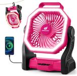 Odoland Rechargeable Camping Fan, 20000mAh Battery Fans with LED Lantern for Tent Car Beach Storm, Portable Light Desk Cooling Fan for Picnic Power Outage Hurricane, Pink