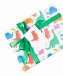 Dinosaur Wrapping Paper Set w/Ribbon and Tags - Birthday wrapping paper for boys - w/ 27" x 39" Folded Gift Wrap (3) + 3 Meters of Ribbon & 3 Gift Tags - Cute wrapping Paper, baby boy wrapping paper