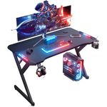 DLONGONE Gaming Desk with LED Lights, Whole Board Fiber Desktop RGB Gaming Table, Small Computer Desk with Mouse Pad, Cup Holder and Headphone Hook, 100 x 60 cm, Black