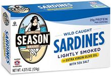 Season Sardines in Extra Virgin Olive Oil – Wild Caught, Lightly Smoked, 21g of Protein, Keto Snacks, More Omega 3's Than Tuna, Kosher, High in Calcium, Canned Sardines – 4.37 Oz Tins, 12-Pack